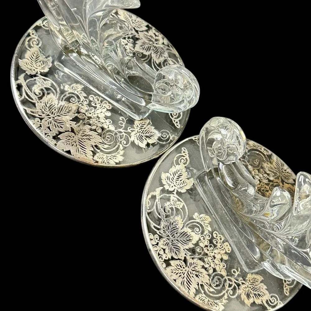 Fostoria Clear Glass Candlestick Set Sterling Silver Overlay Baroque Grapes Ivy
